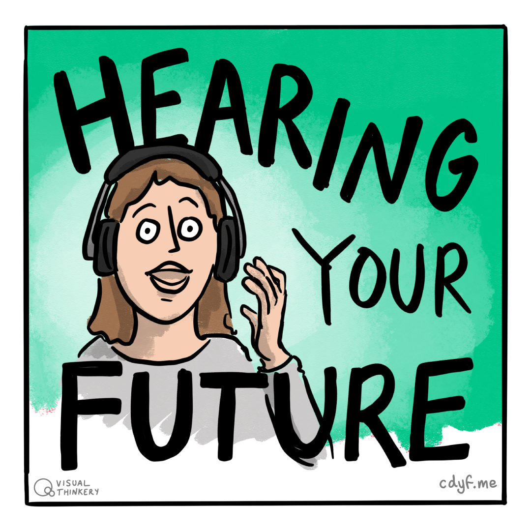 Hearing your future is the Coding your Future podcast. Subscribe and listen wherever you get your podcasts, see section 24.2. Hearing sketch by Visual Thinkery is licensed under CC-BY-ND